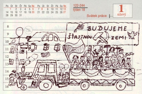 Alegorick vz z prvomjovho prvodu - pioni, dlnci a rolnci se svmi pracovnmi nstroji buduj nai astnou zemi.