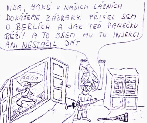 Pacient zden prch z ordinace od doktora, vybavenho obrovskou plynovou injekc