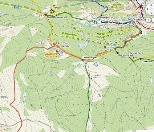 Mapa Janskch Lzn s vyznaenm, kudy vedla zruen erven