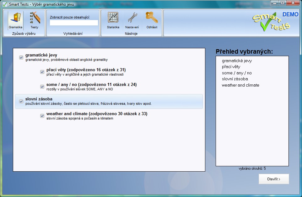 Smart Tests - okno pro výber testu