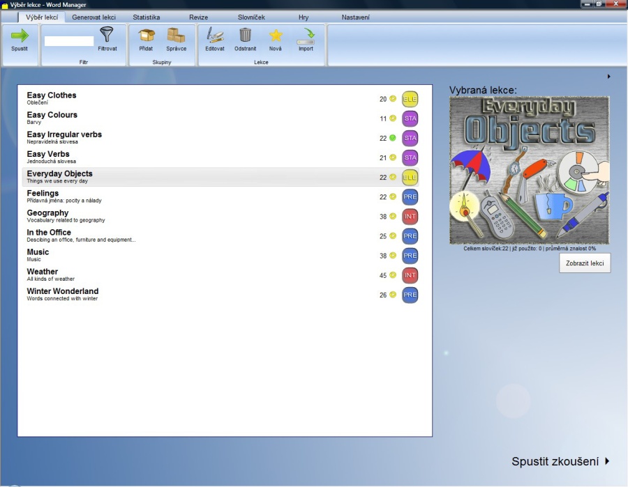 Word Manager - okno pro výběr lekcí