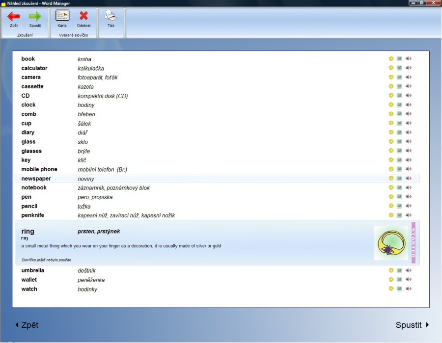 Zobrazení slovíček ve vybrané lekci