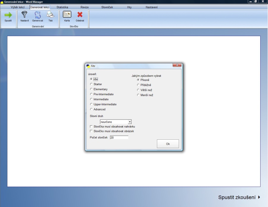 Kritéria pro vygenerování vlastní lekce