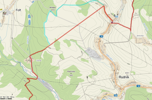Mapa cesty mezi Rudníkem a Lázněmi Fořt